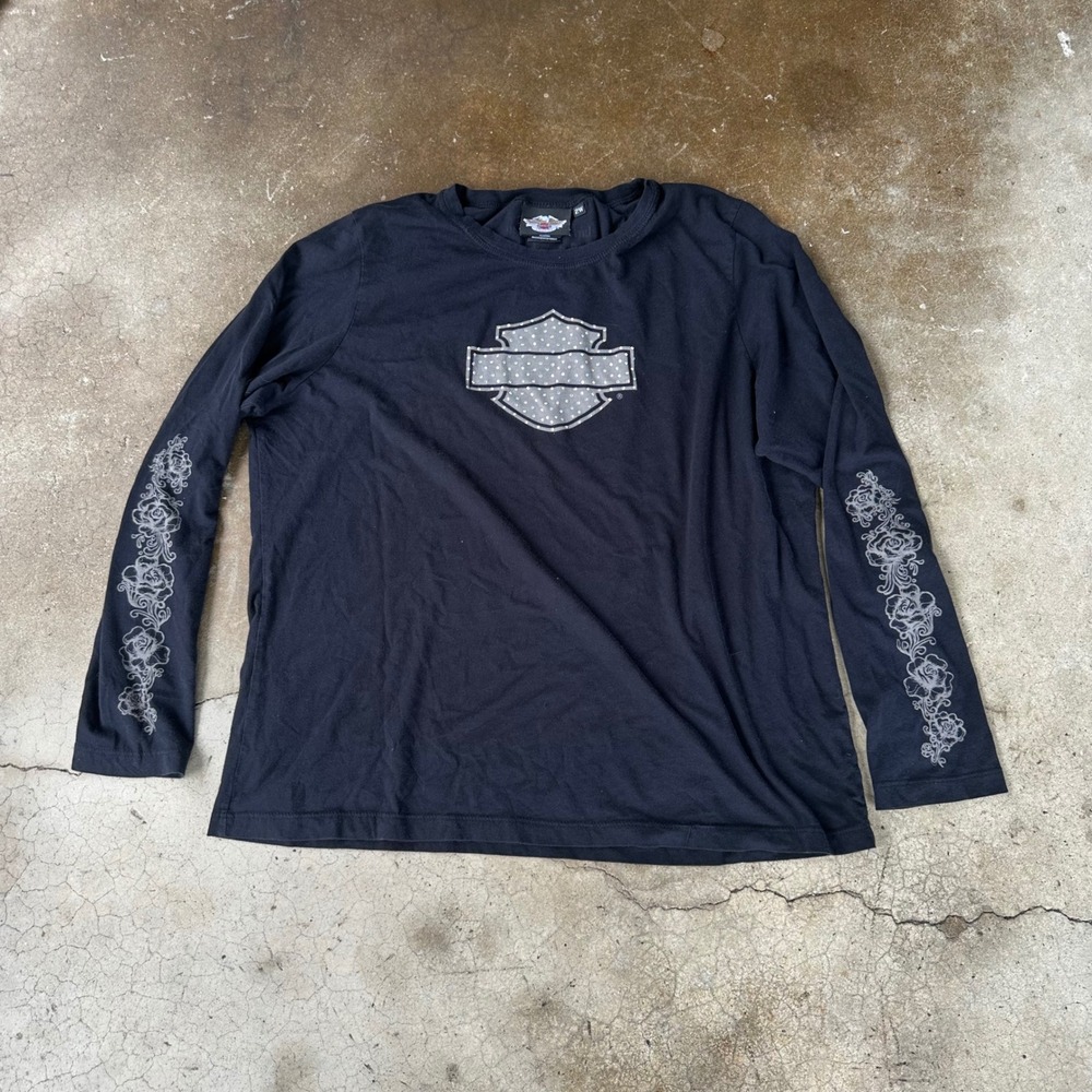 Harley-Davidson Graphic Tee Women 2W Black Excellent Rhinestone Rose Sleeve Logo
